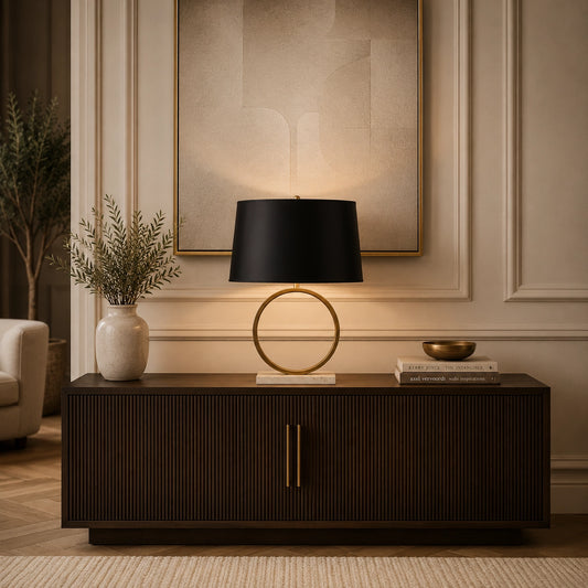 Ashford brass table lamp with black shade and stone base