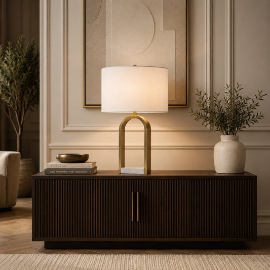 Luxury brass arch table lamp with white drum shade for modern interiors