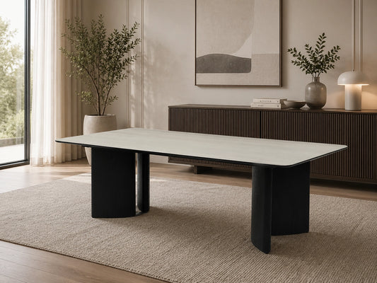 Waratah Modern Dining Table in Sandy White Ceramic and Black Finish