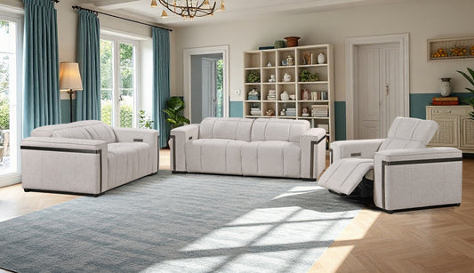 Crown Dual Electronic Recliner Fabric Sofa Set Cream Silver