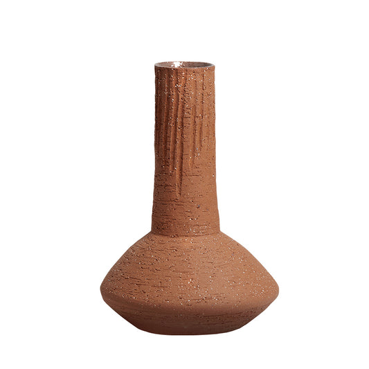 D23080A Brown Ceramic Long Neck Coarse Pottery Bottle Handcrafted Home Décor