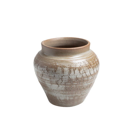 D23081B Beige Ceramic Rift Coarse Pottery Bottle Handcrafted Home Décor