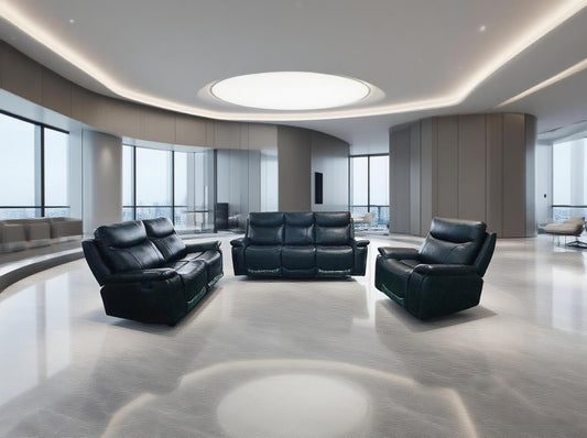 Zeus Manual Recliner Genuine Leather Sofa Set Black