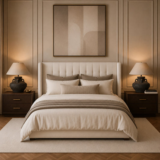 Designer bedside lamp featuring textured ceramic vessel base