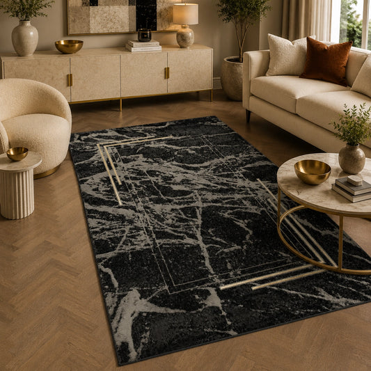 Marmaris E529D Black V Gold Modern Area Rug