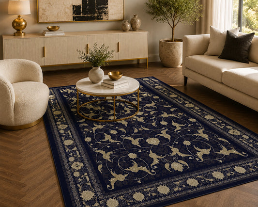 Mashad 722621 Traditional Persian Area Rug Dark Blue