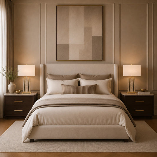 Luxury table lamp featuring natural stone base and brushed brass accents
