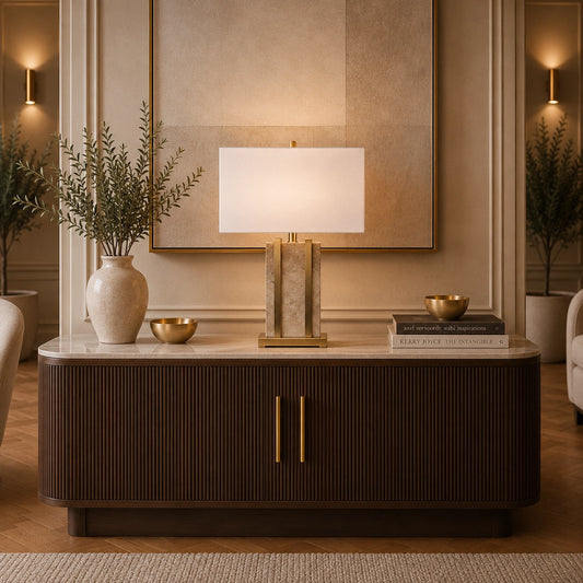 Milan travertine table lamp with white rectangular shade and brass frame