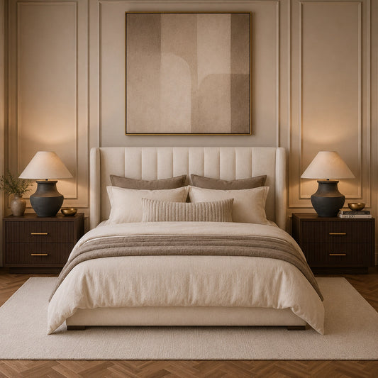 Modern bedside lamp with matte black base and beige fabric shade