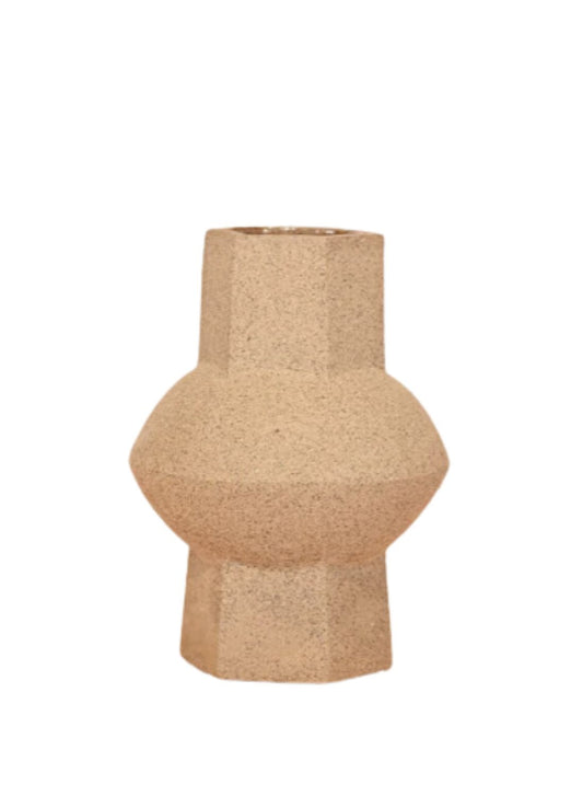 D23087B Brown Ceramic Round Belly Six Side Bottle Handcrafted Home Décor