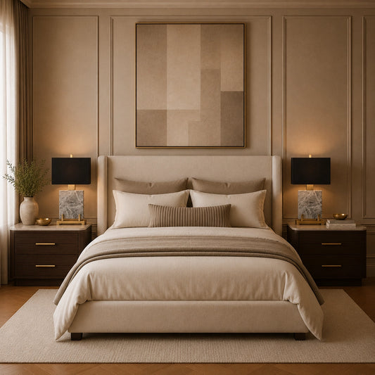 Luxury designer lamp featuring grey marble base and black fabric shade
