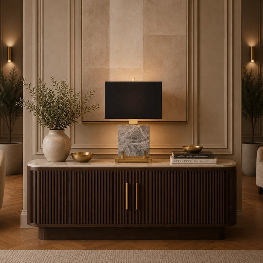 Verona marble table lamp with black rectangular shade and brass accents