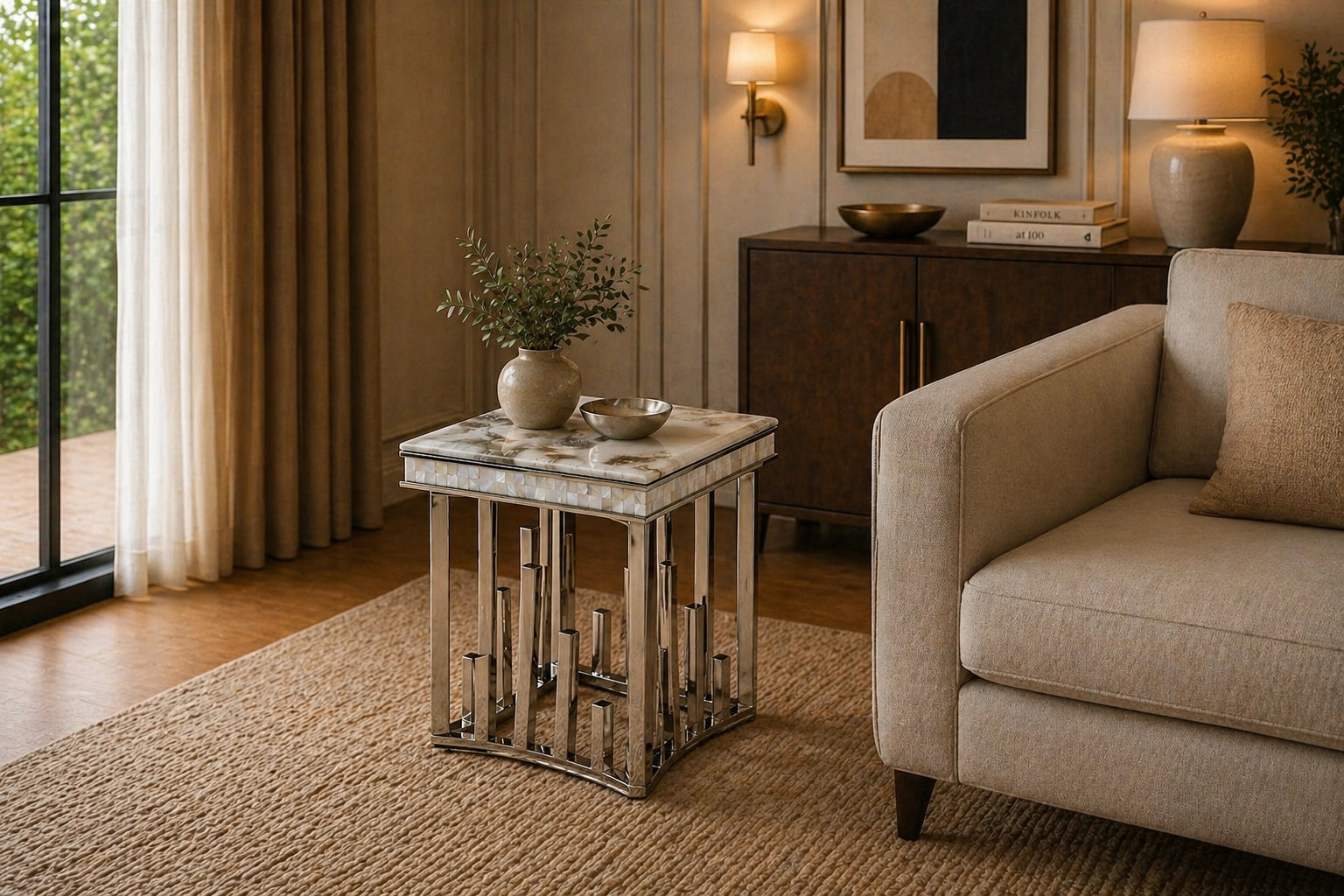 New Stela Side Table Marble Top Stainless Steel Base Silver