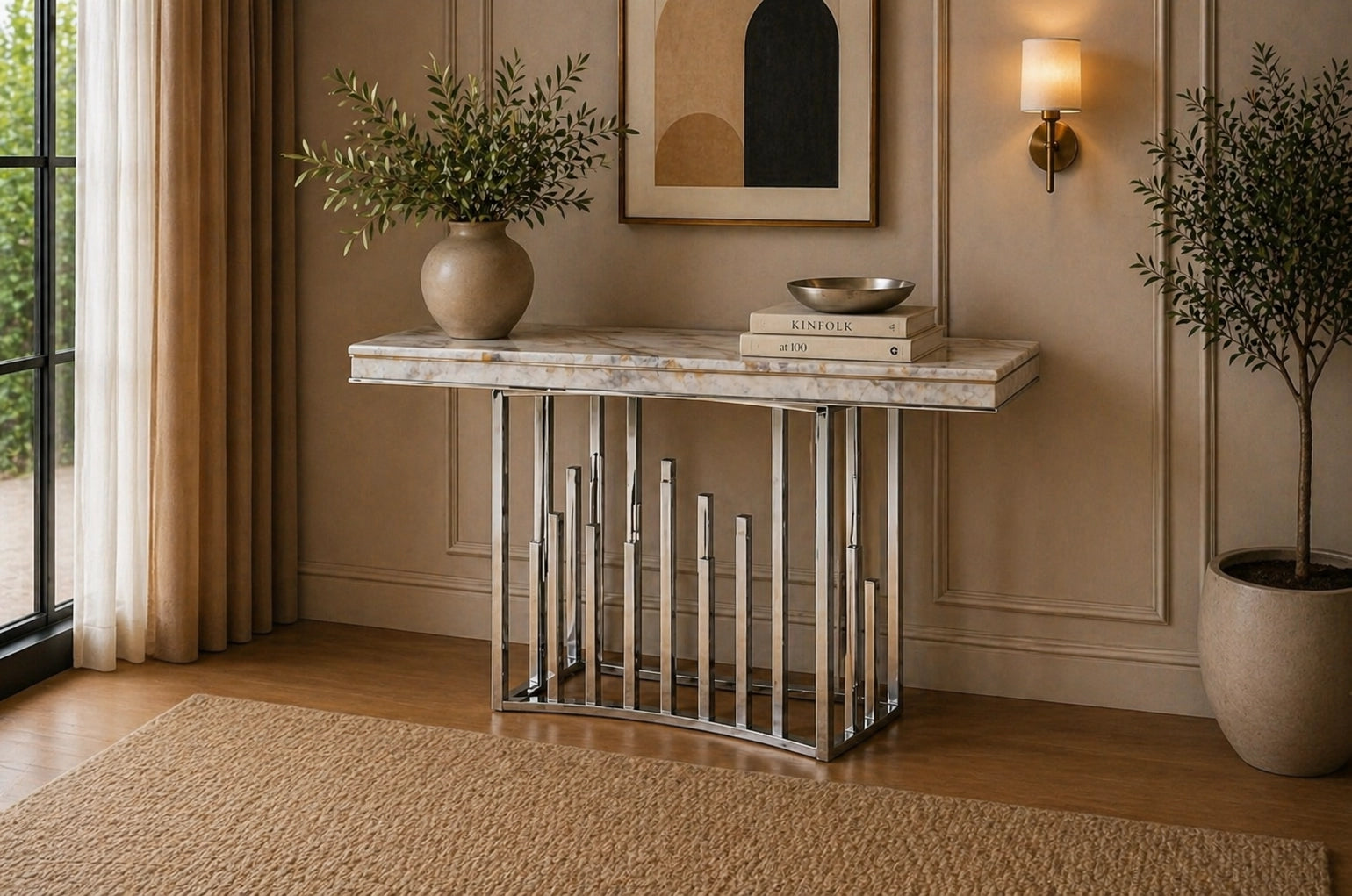 New Stela Console Table Marble Top Stainless Steel Base Silver