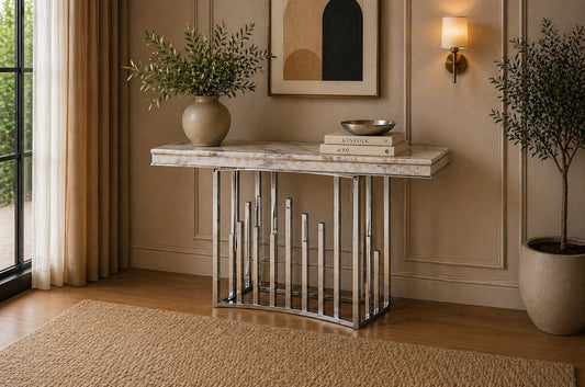 New Stela Console Table Marble Top Stainless Steel Base Silver