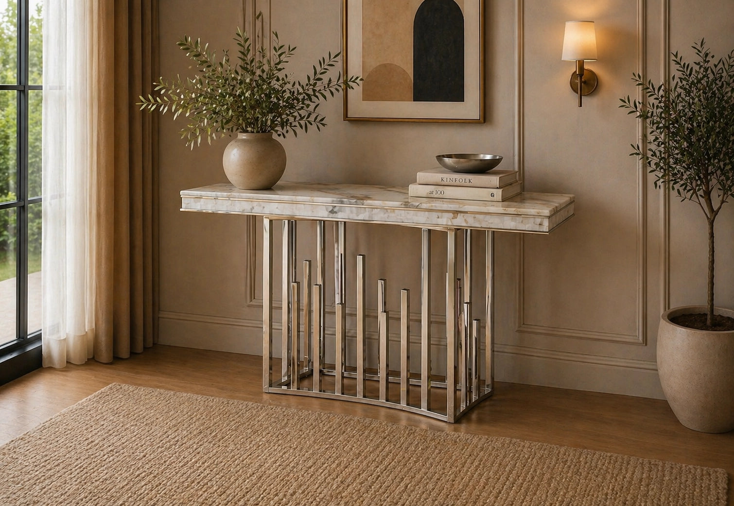 New Stela Console Table Marble Top Stainless Steel Base Silver