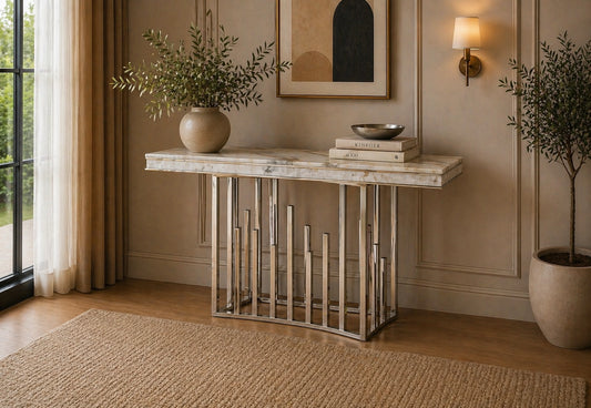 New Stela Console Table Marble Top Stainless Steel Base Silver
