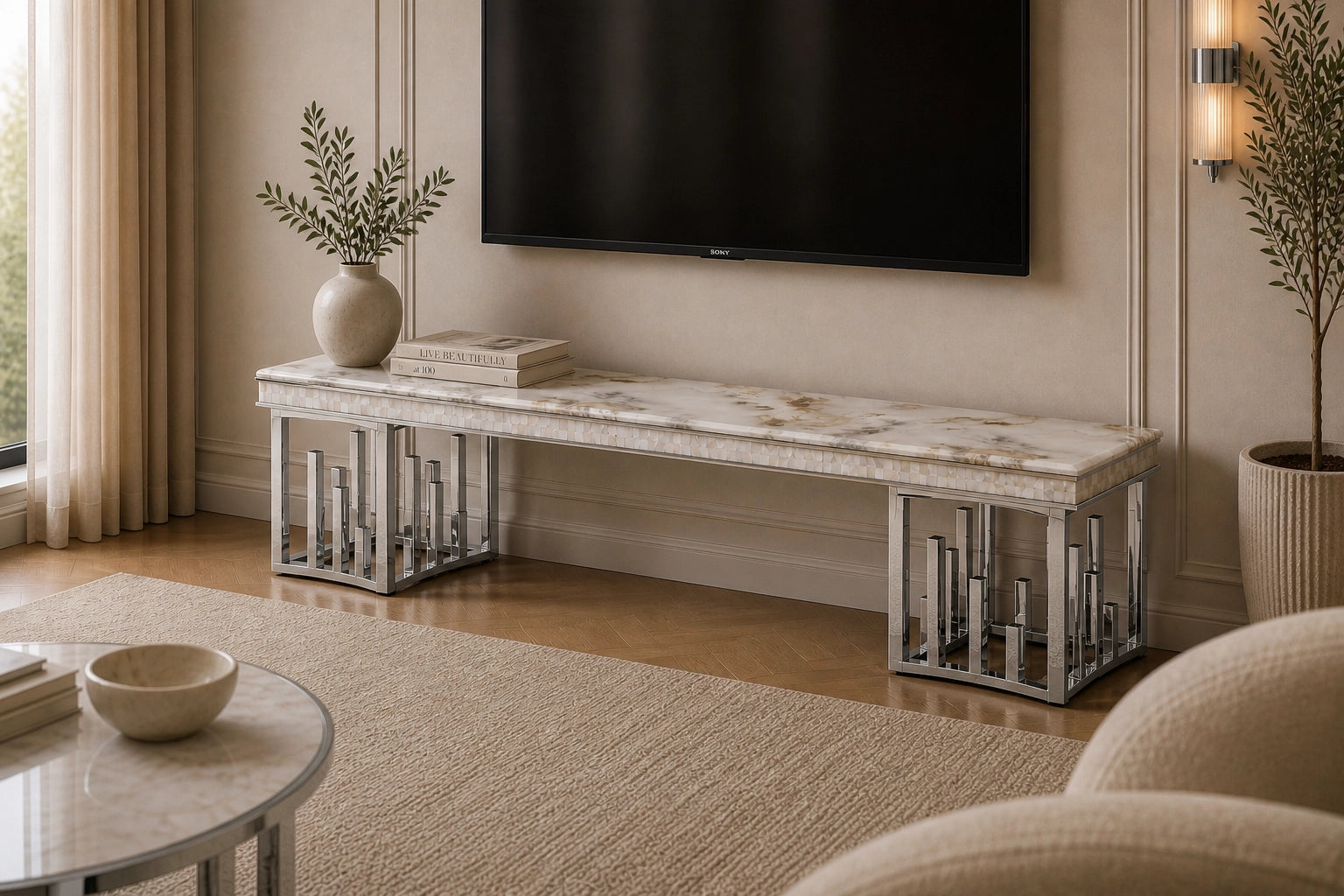 New Stela Tv Unit Marble Top Stainless Steel Base Silver