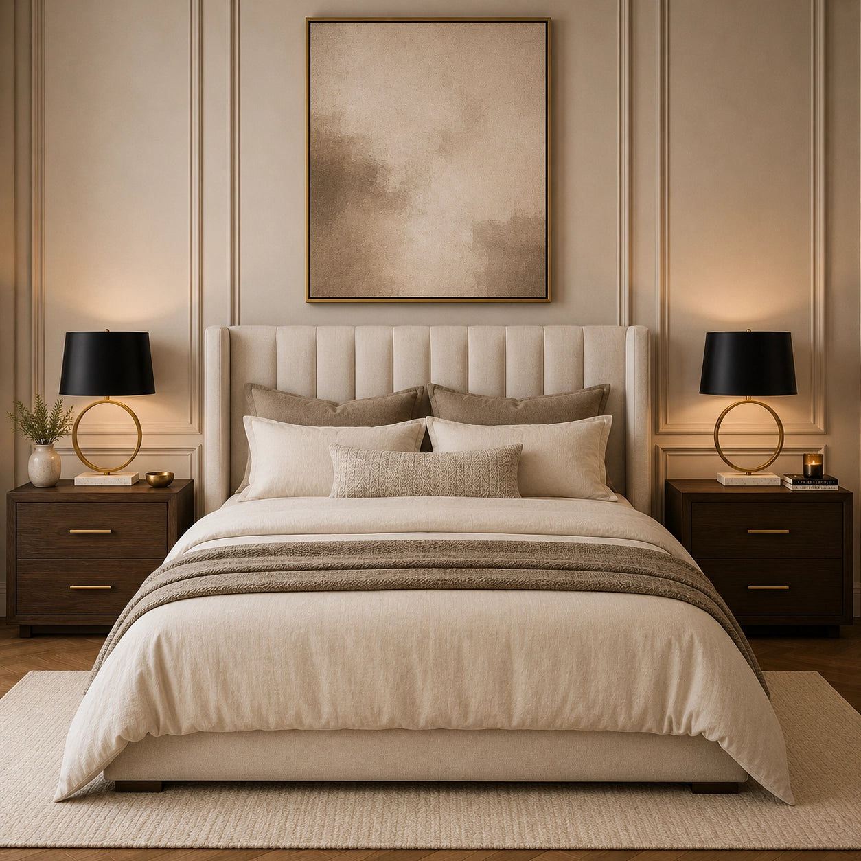 Luxury bedside lamp with brass ring frame and black lampshade