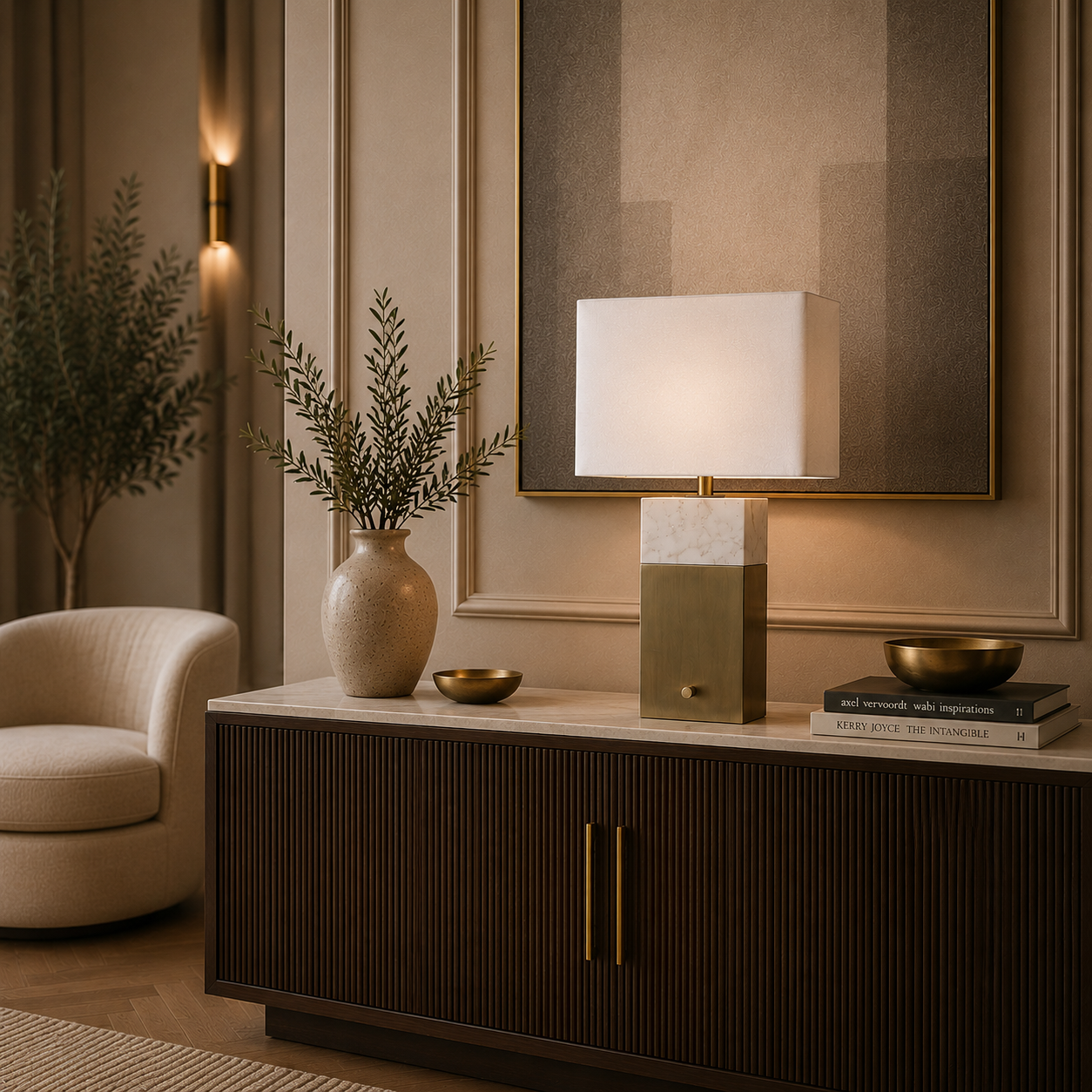 Modern designer table lamp with rectangular white shade and brass finish