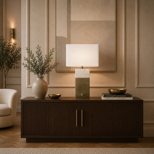 Aurora brass table lamp with marble accent and white fabric shade