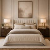 Modern brushed brass bedside lamp with white fabric shade