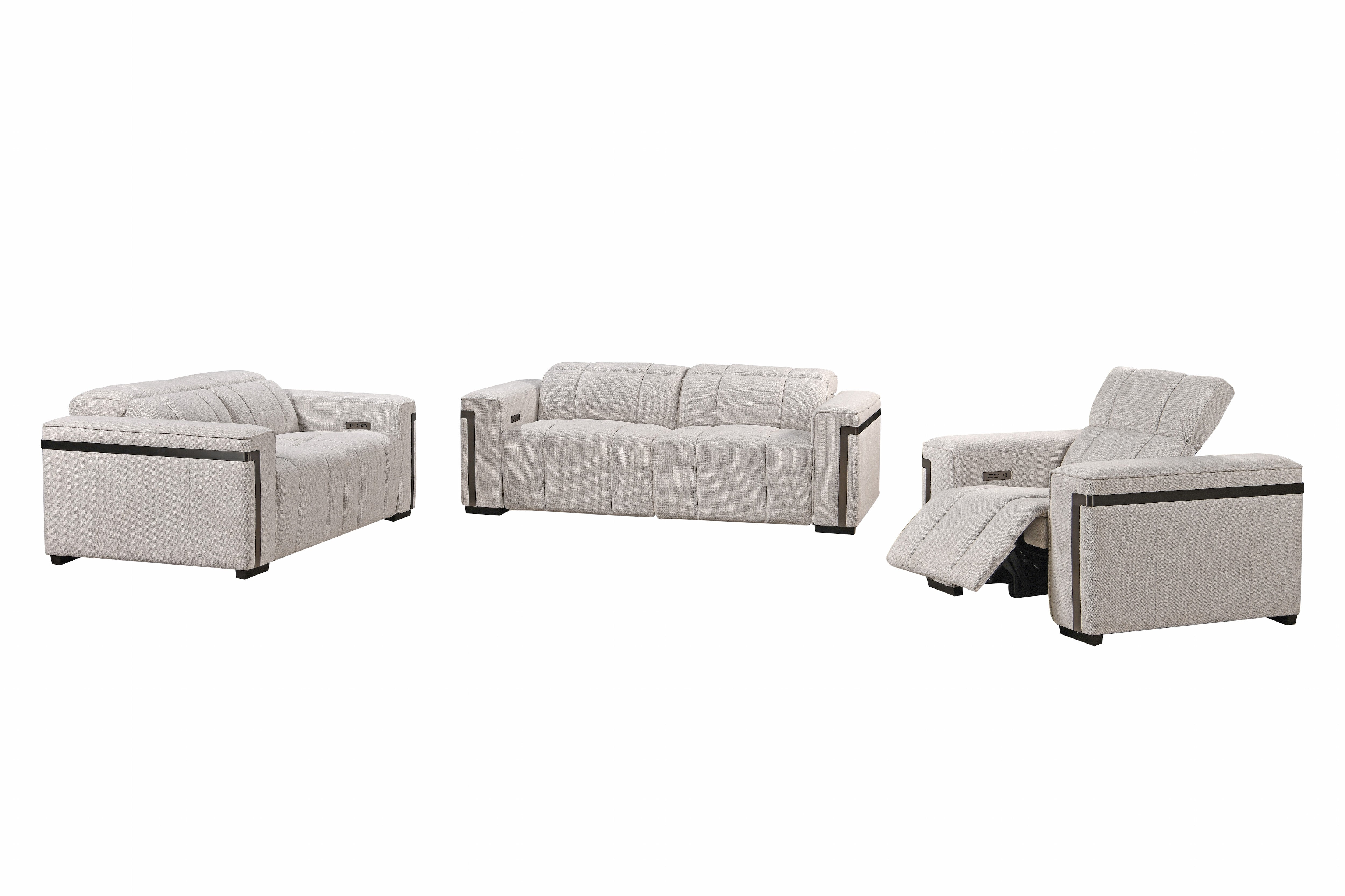 Crown Dual Electronic Recliner Fabric Sofa Set Cream Silver
