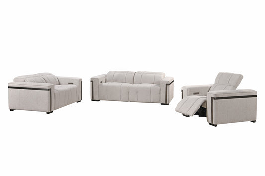 Crown Dual Electronic Recliner Fabric Sofa Set Cream Silver