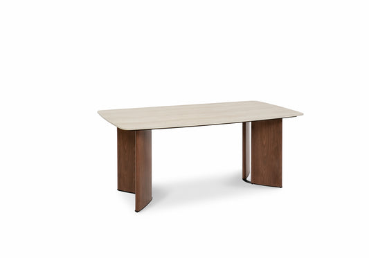 Banksia Modern Dining Table Yello Ceramic Top with Walnut Legs