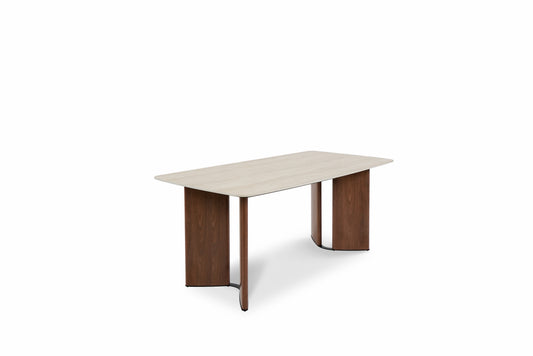 Banksia Modern Dining Table Yello Ceramic Top with Walnut Legs