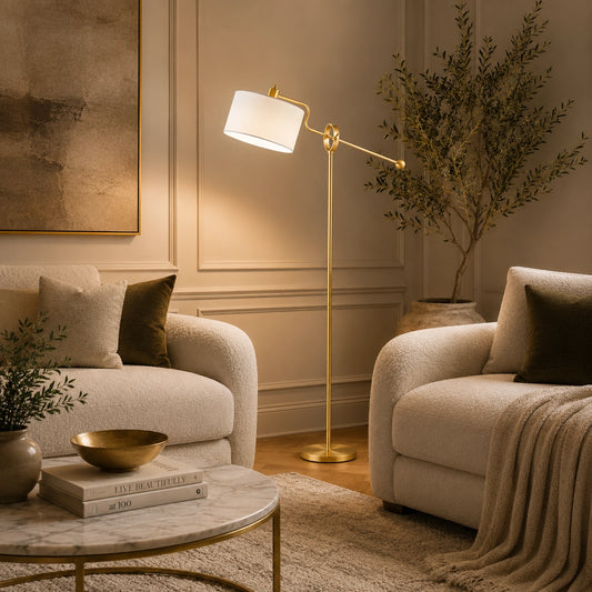 Edge brass floor lamp with adjustable white fabric shade