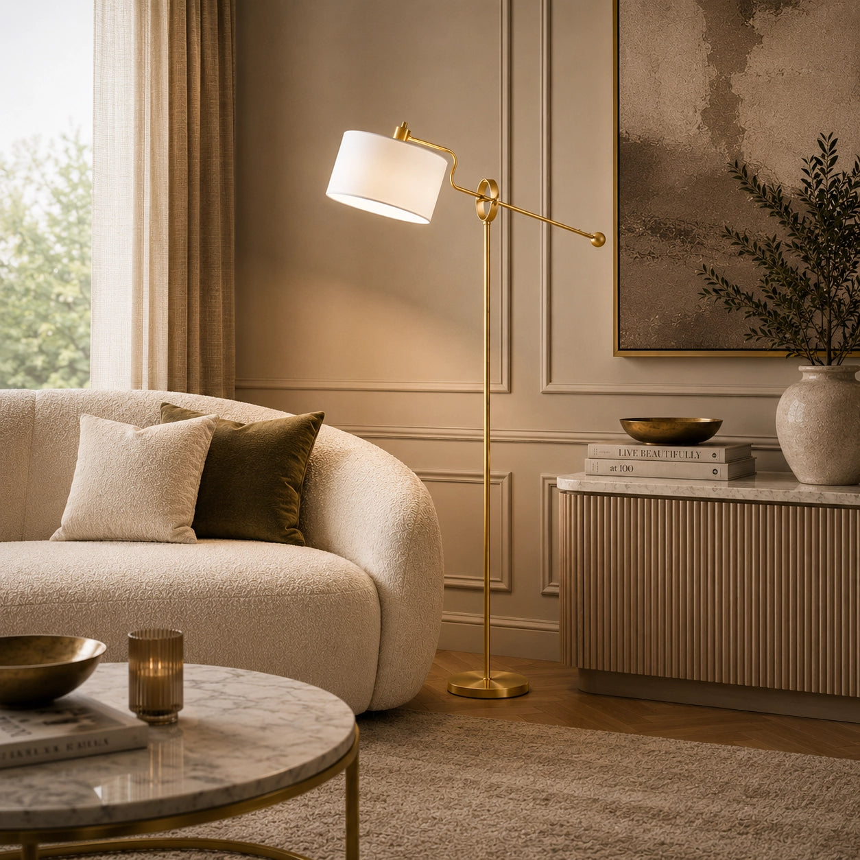 Luxury adjustable floor lamp with brushed brass finish and white shade