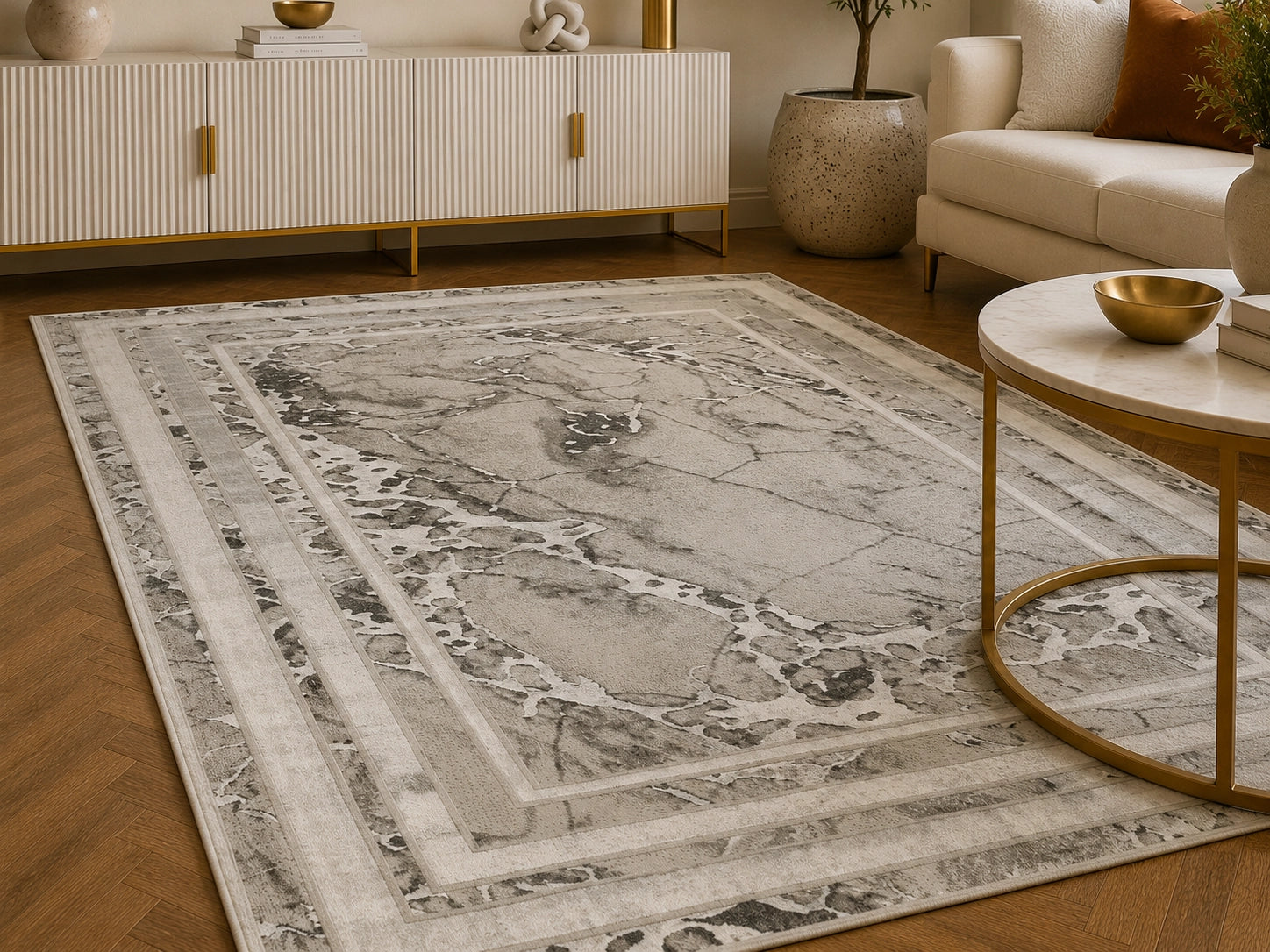 Elmaas T502B Light Grey White Modern Area Rug