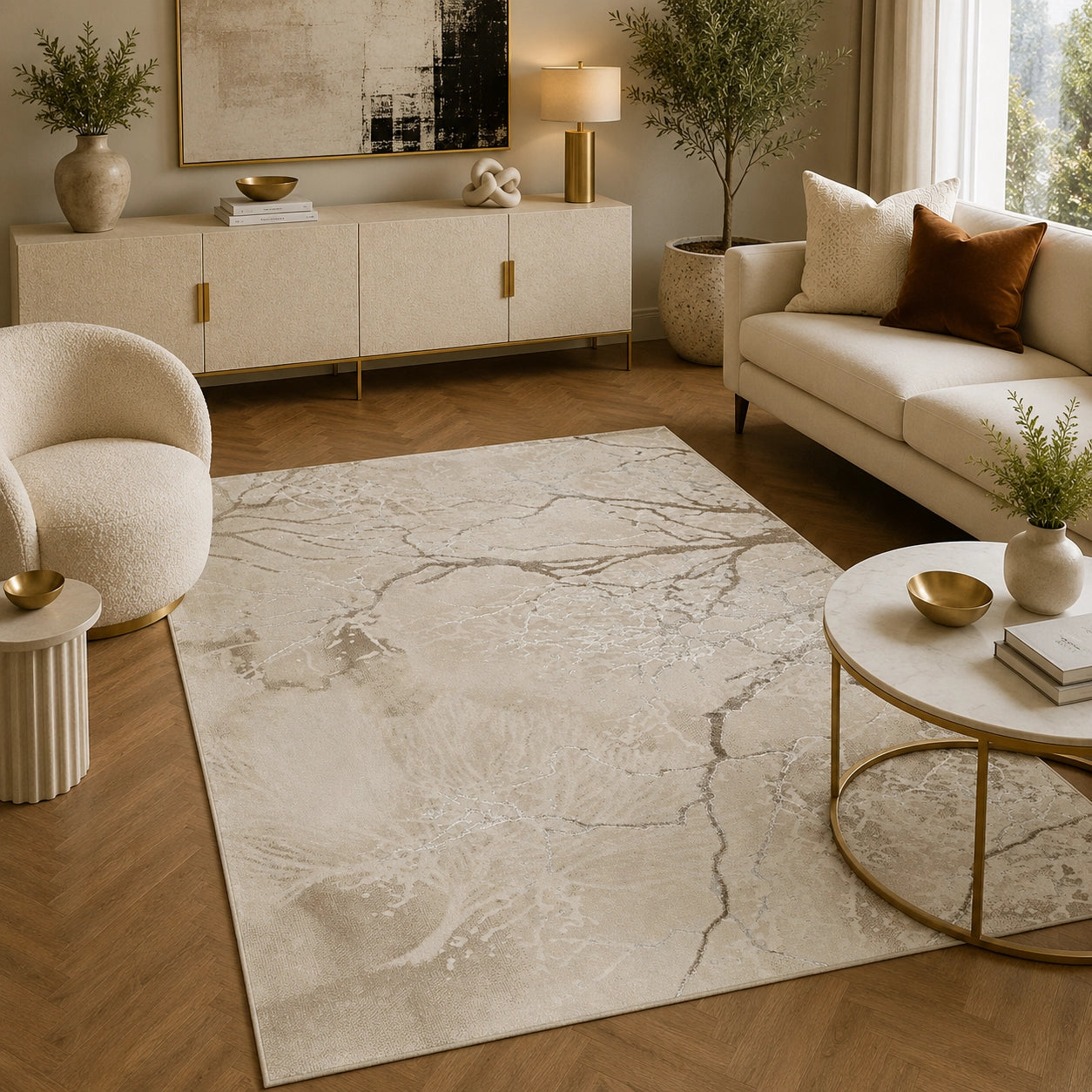 Elmaas T532A Cream White Modern Area Rug