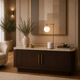 Luxury bedside lamp with brass frame and frosted glass sphere shade