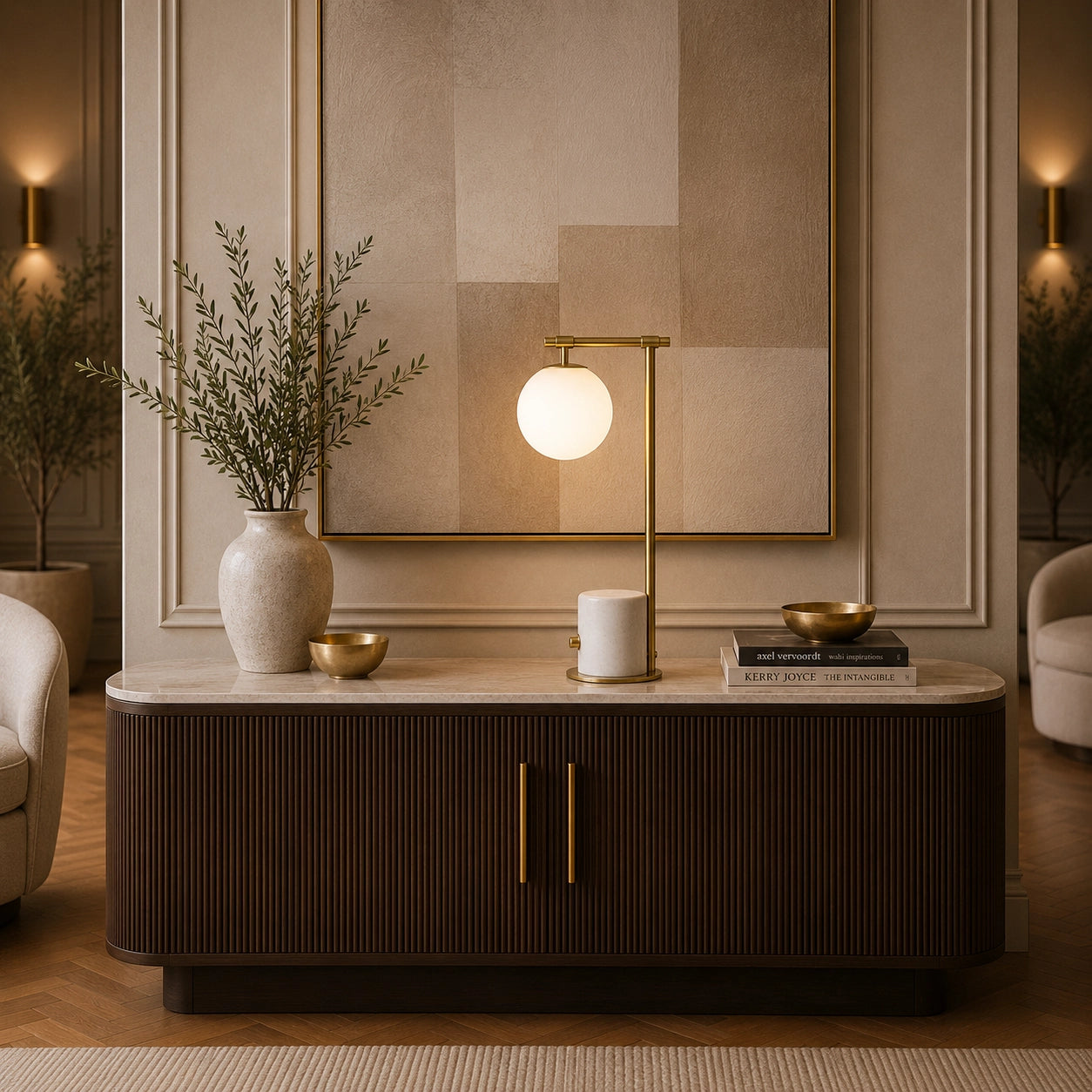Ember brass table lamp with marble base and white glass globe shade