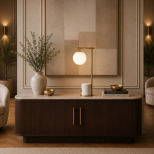 Ember brass table lamp with marble base and white glass globe shade