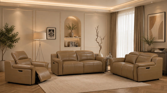 Esabella Luxury Dual Electronic Recliner Leather Sofa Set Brown