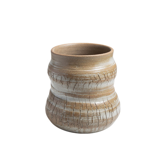 D23081A Beige Ceramic Rift Coarse Pottery Bottle Handcrafted Home Décor