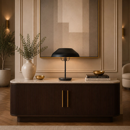 Forma black metal table lamp with modern dome shade