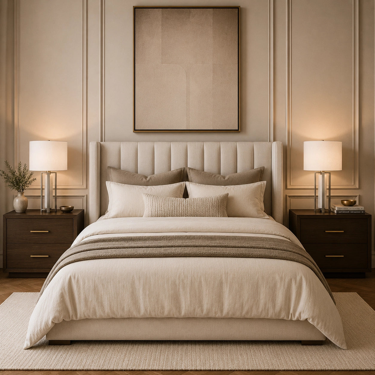 Modern silver bedside lamp with white drum shade and marble detail