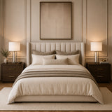 Modern silver bedside lamp with white drum shade and marble detail