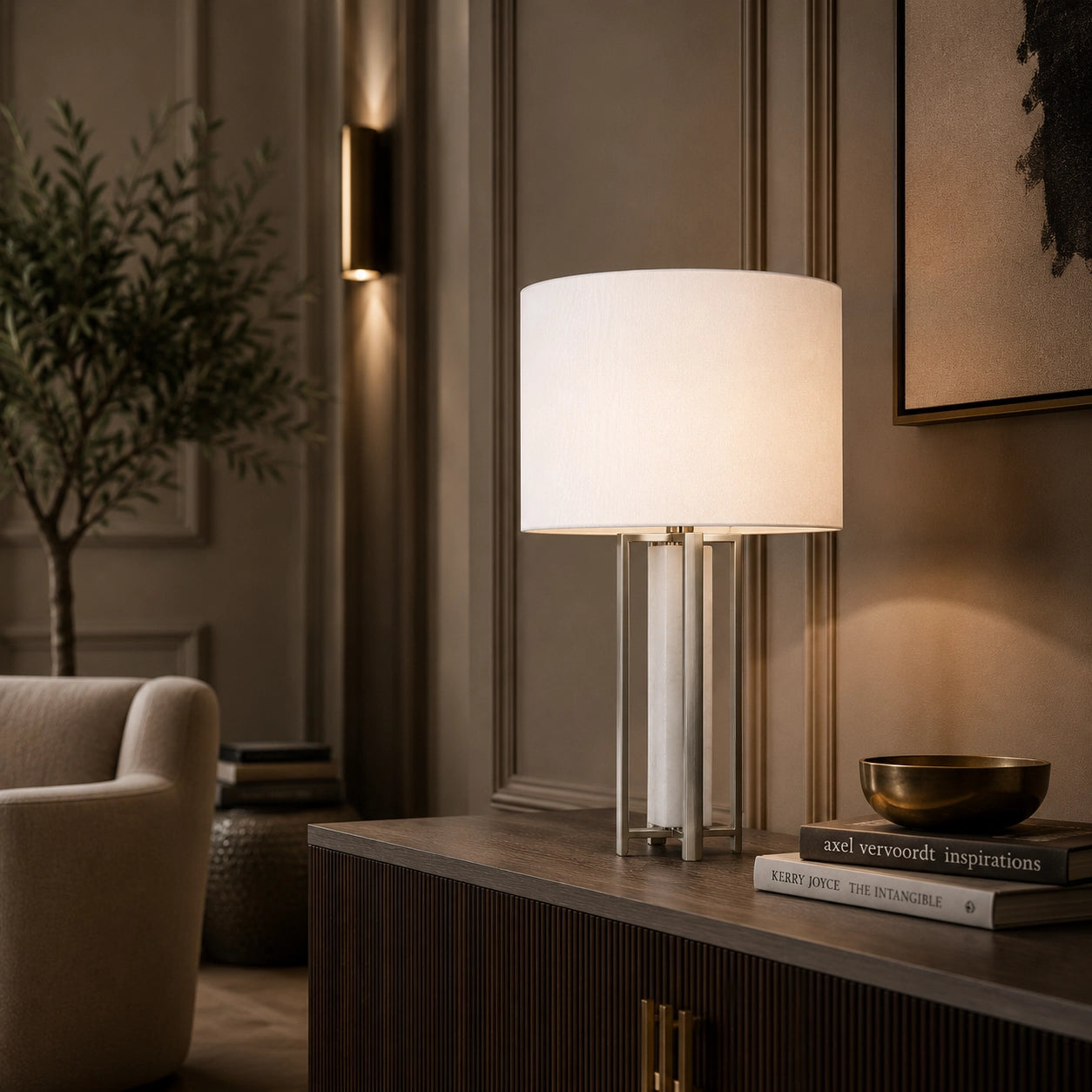 Luxury contemporary table lamp with silver frame and white lampshade
