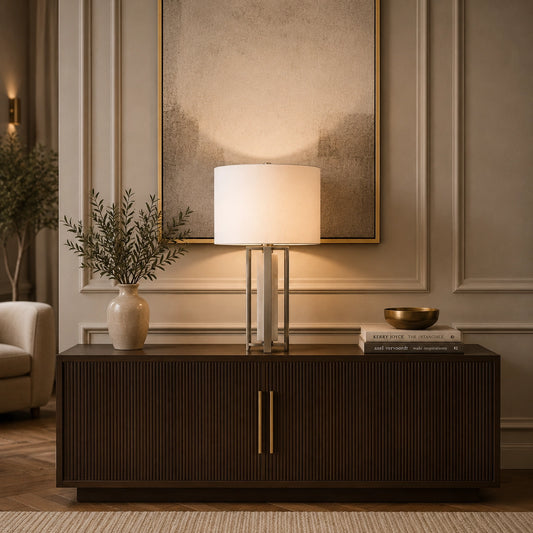 Halo silver table lamp with white shade and marble effect centre column