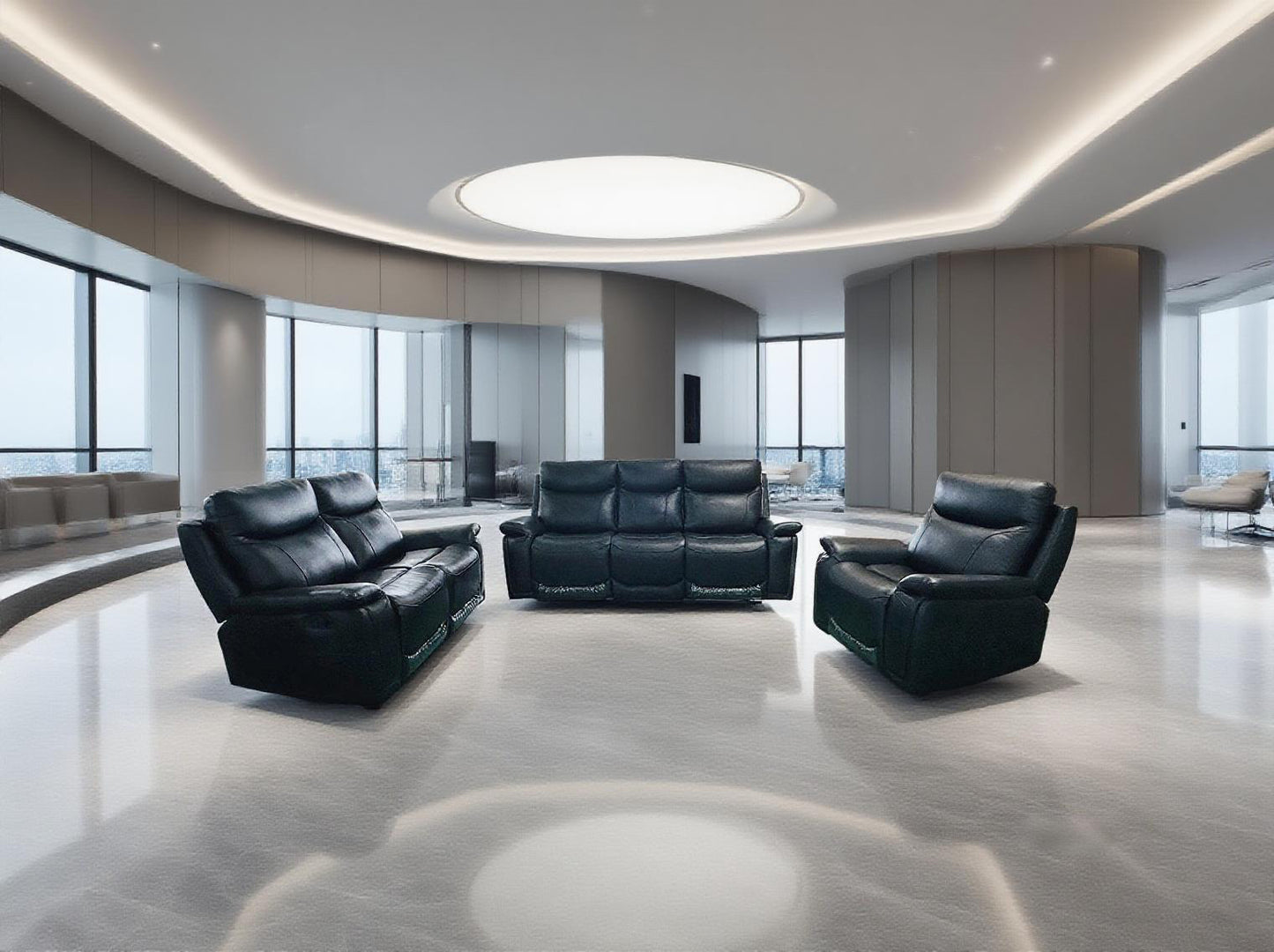 Zeus Manual Recliner Genuine Leather Sofa Set Black