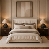 Designer bedside lamp featuring textured ceramic vessel base