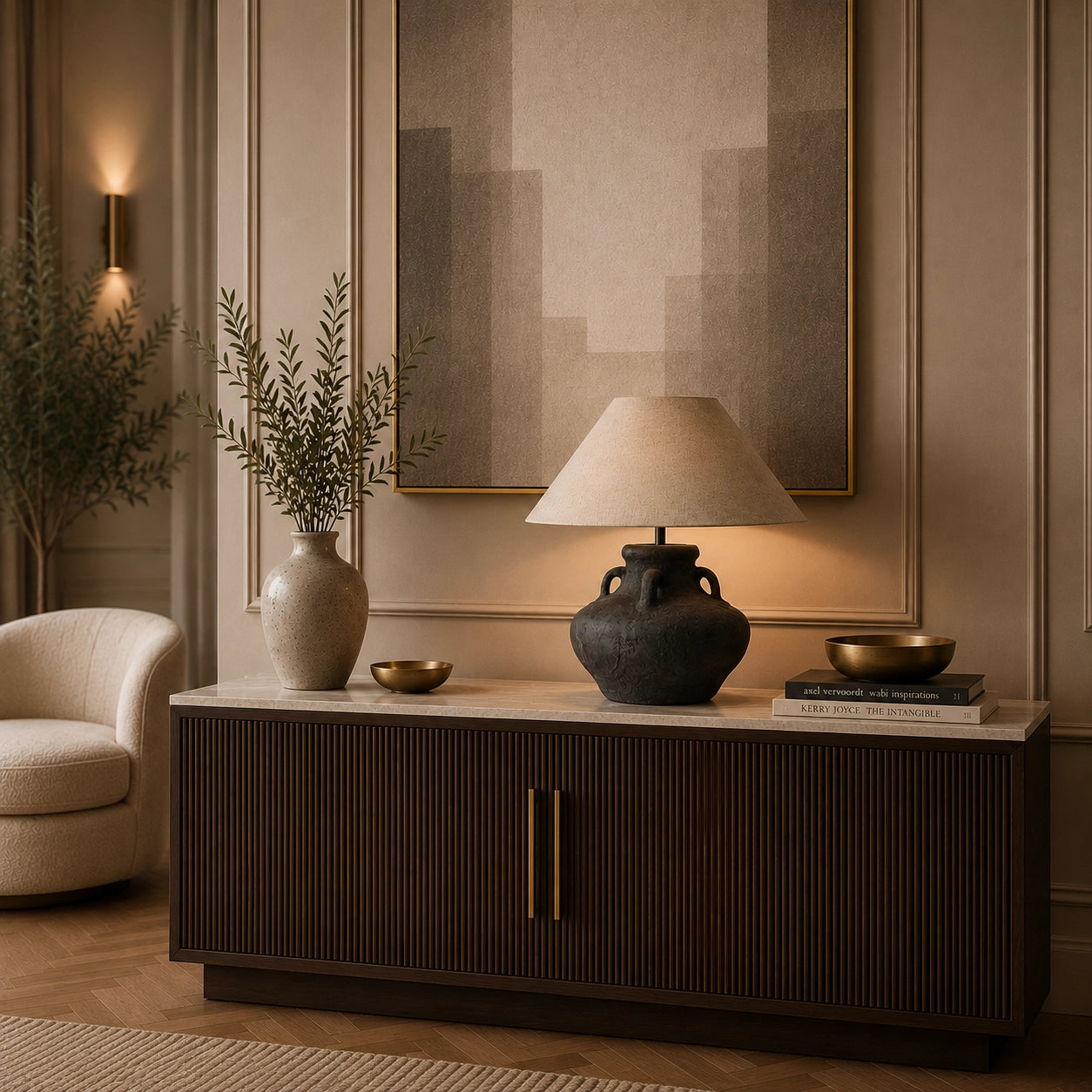 Organic modern table lamp with charcoal ceramic base and linen shade
