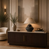 Organic modern table lamp with charcoal ceramic base and linen shade