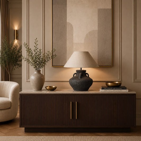 Jaime rustic ceramic table lamp with natural linen shade