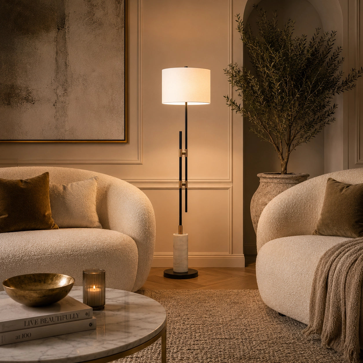 Kensington marble floor lamp with white drum shade and brass accents